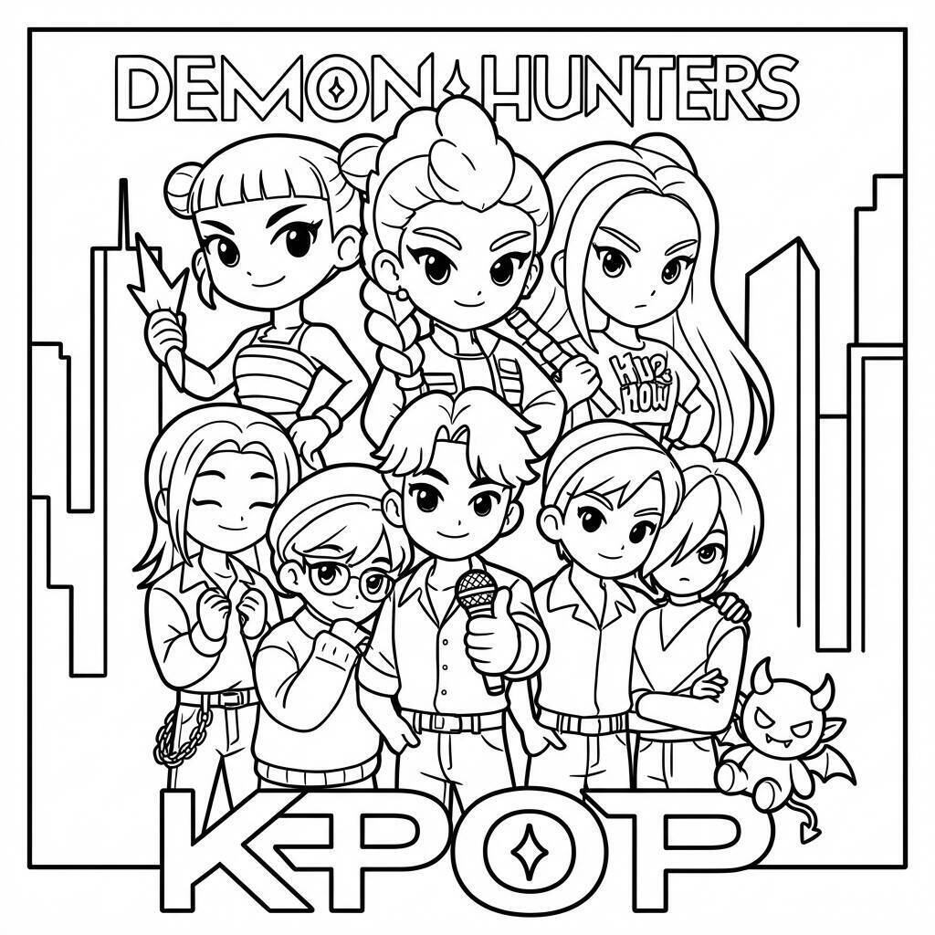 Desenho das Guerreiras do K-Pop em ação para colorir