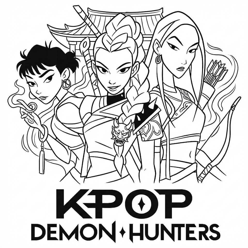 Desenho das Guerreiras do K-Pop em ação para colorir