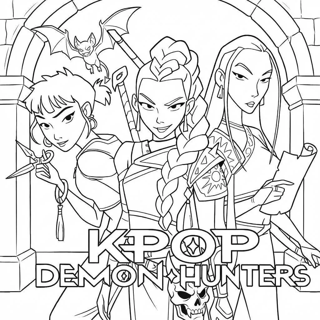 Desenho das Guerreiras do K-Pop em ação para colorir