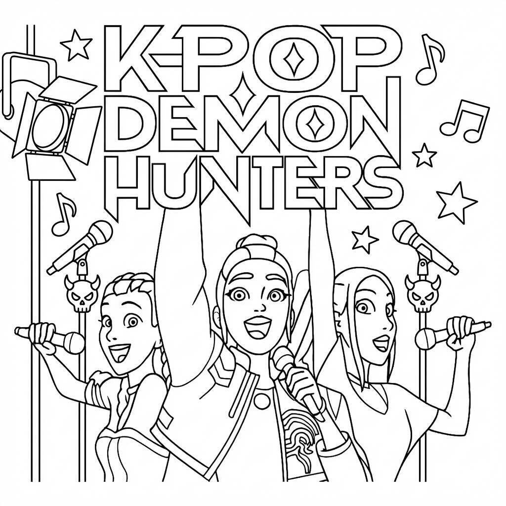 Desenho das Guerreiras do K-Pop em ação para colorir