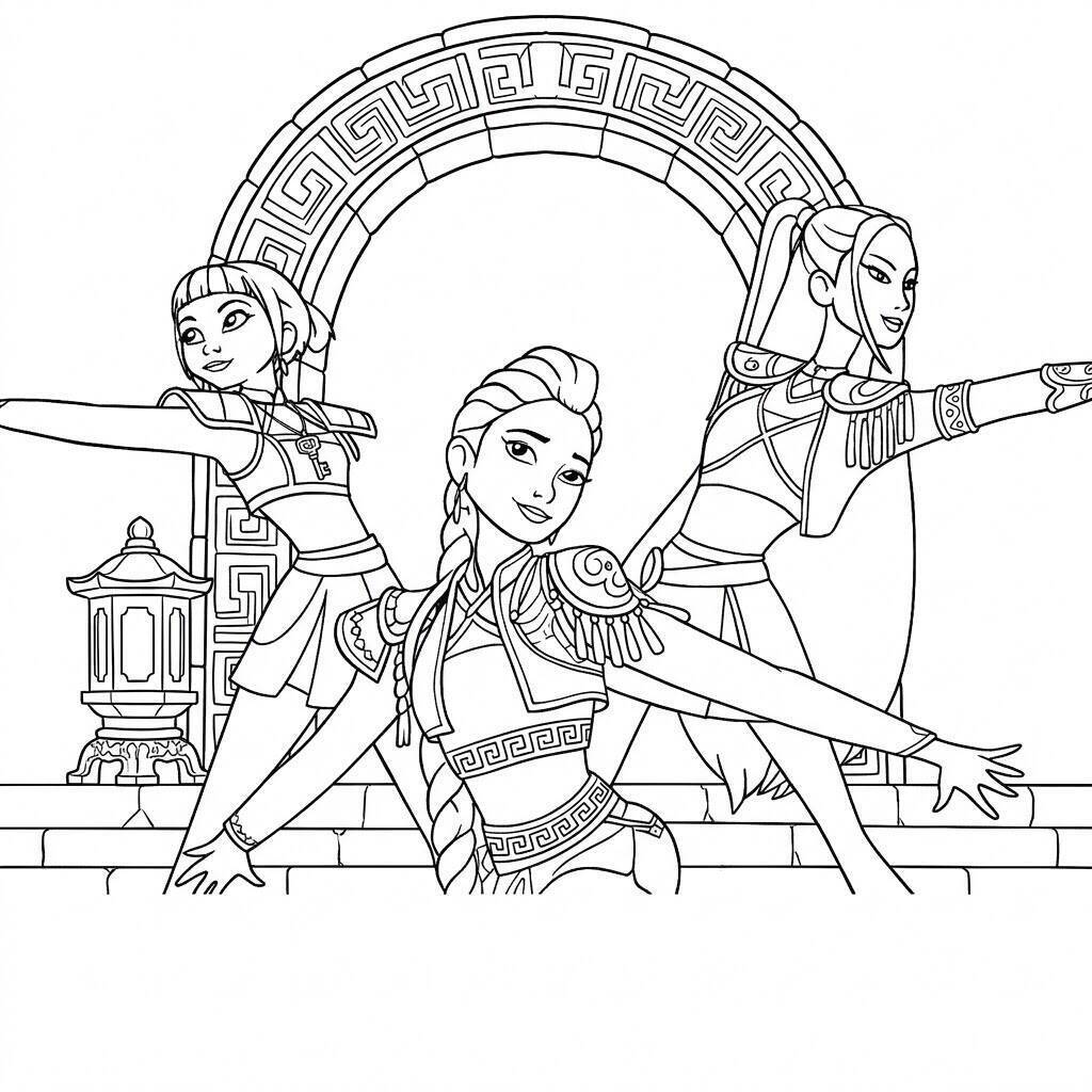 Desenho das Guerreiras do K-Pop em ação para colorir