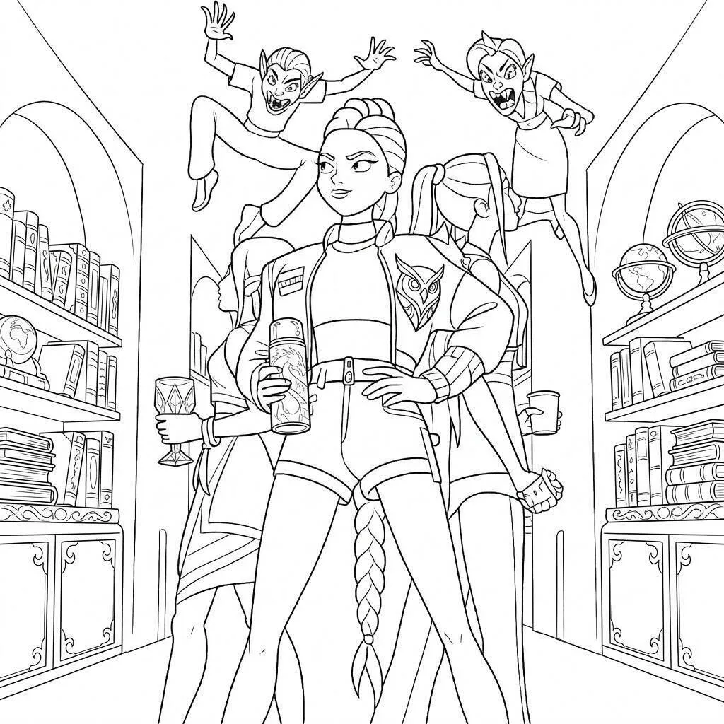 Desenho das Guerreiras do K-Pop em ação para colorir