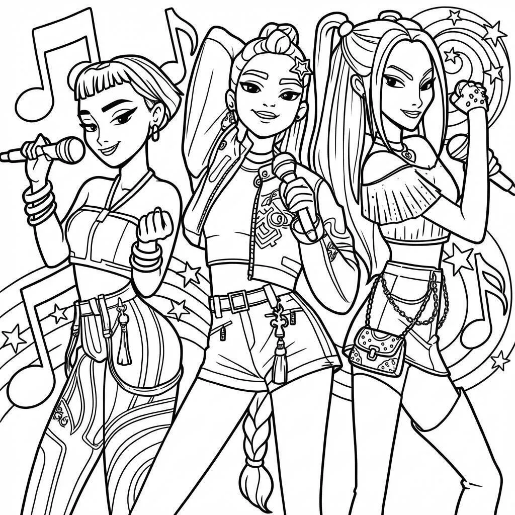 Desenho das Guerreiras do K-Pop em ação para colorir
