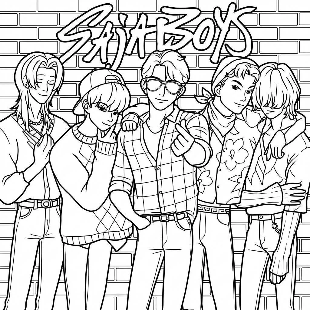 Desenho das Guerreiras do K-Pop em atitude poderosa para colorir