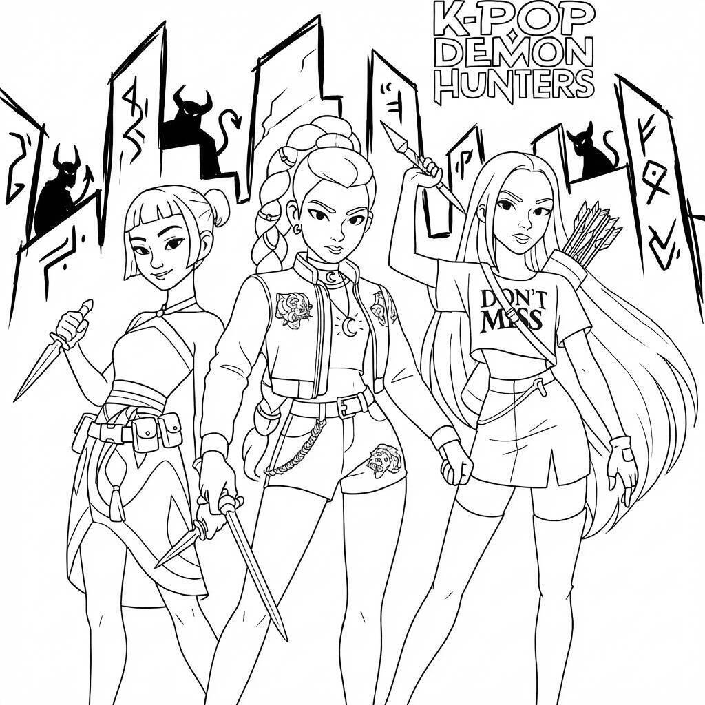 Desenho das Guerreiras do K-Pop em batalha para colorir