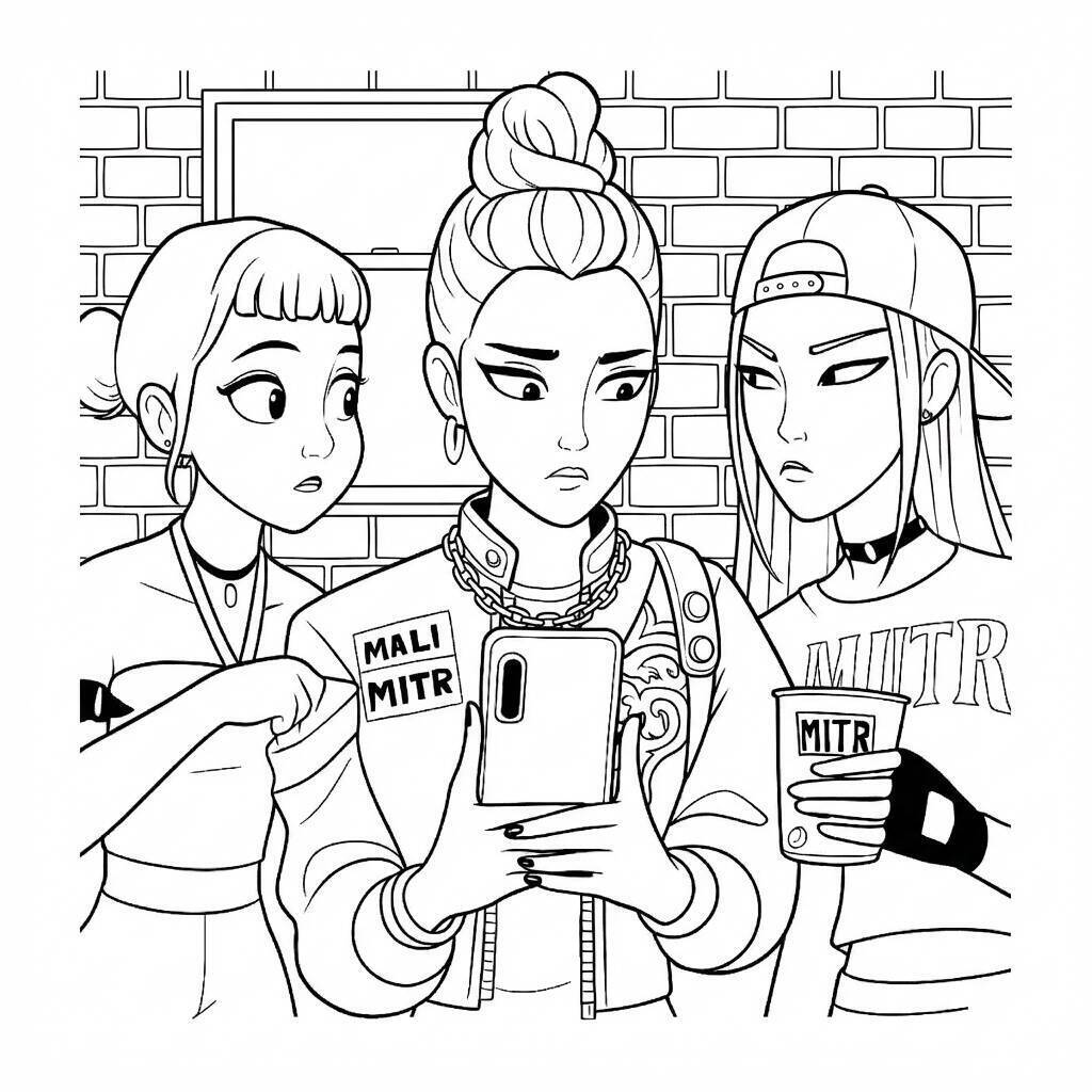 Desenho das Guerreiras do K-Pop em cena de amizade para colorir
