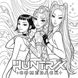 Desenho das Guerreiras do K-Pop em estilo dinâmico para colorir