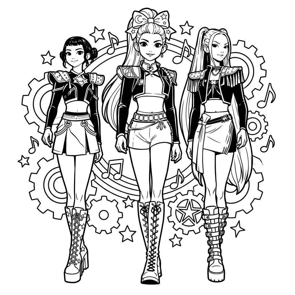 Desenho das Guerreiras do K-Pop em estilo fashion para colorir