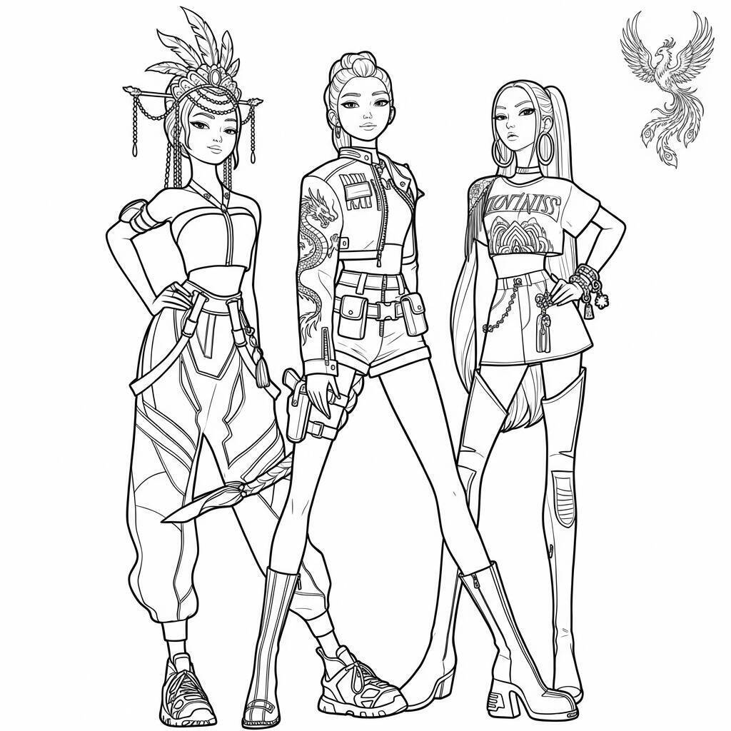 Desenho das Guerreiras do K-Pop em estilo moderno para colorir