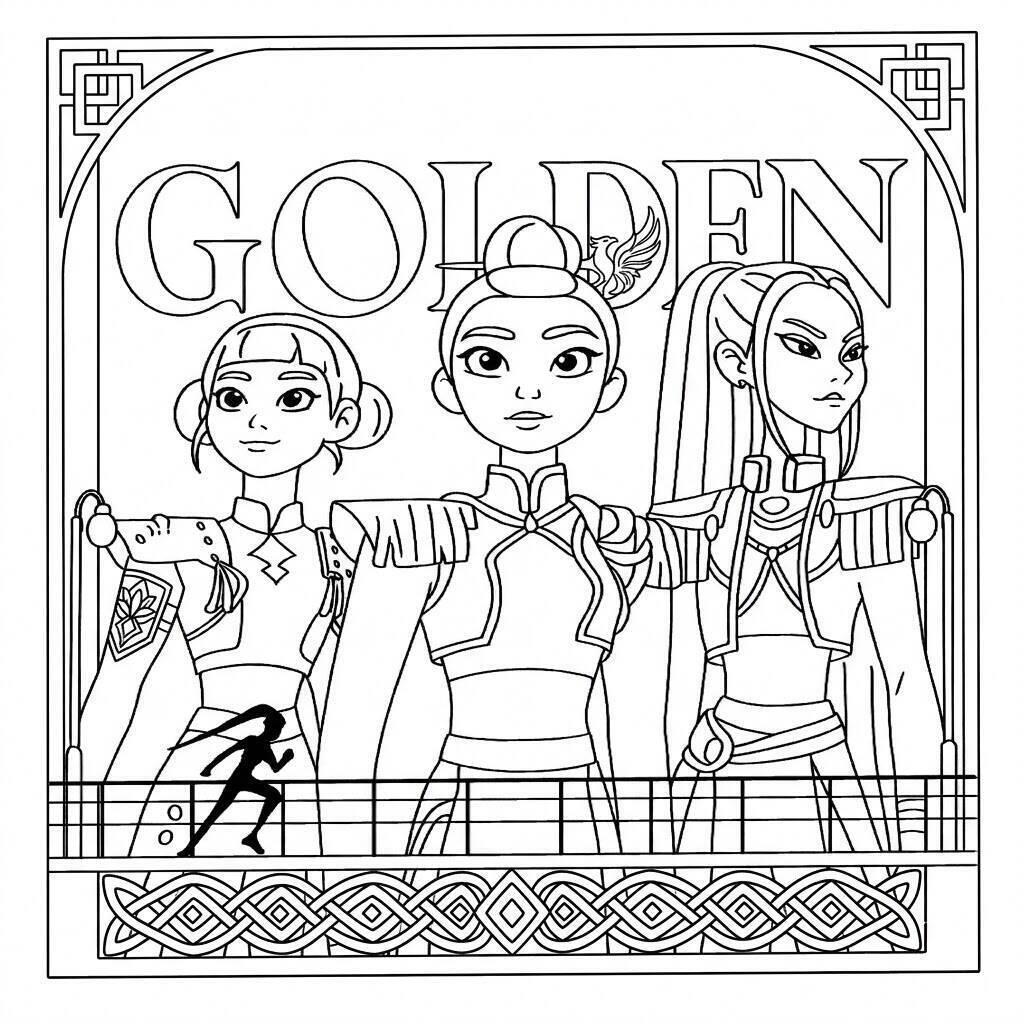 Desenho das Guerreiras do K-Pop em estilo poderoso para colorir