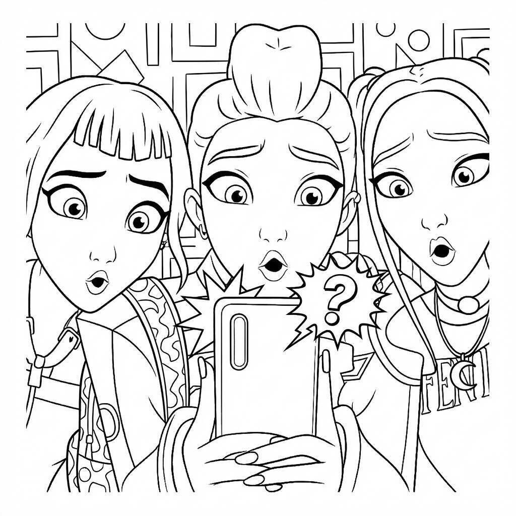 Desenho das Guerreiras do K-Pop em momento de surpresa para colorir