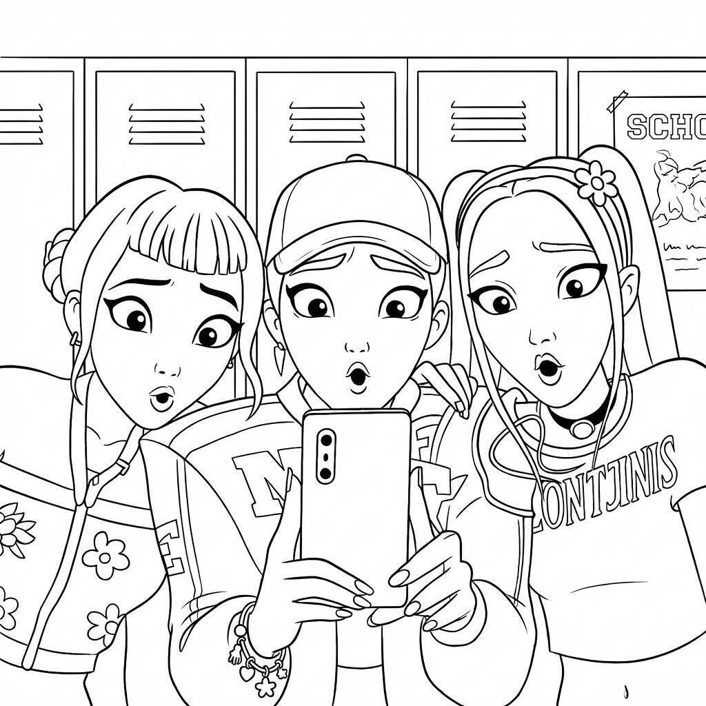 Desenho das Guerreiras do K-Pop em momento divertido para colorir