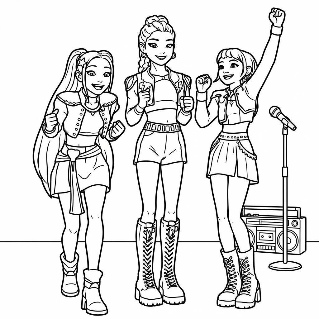 Desenho das Guerreiras do K-Pop em performance animada para colorir