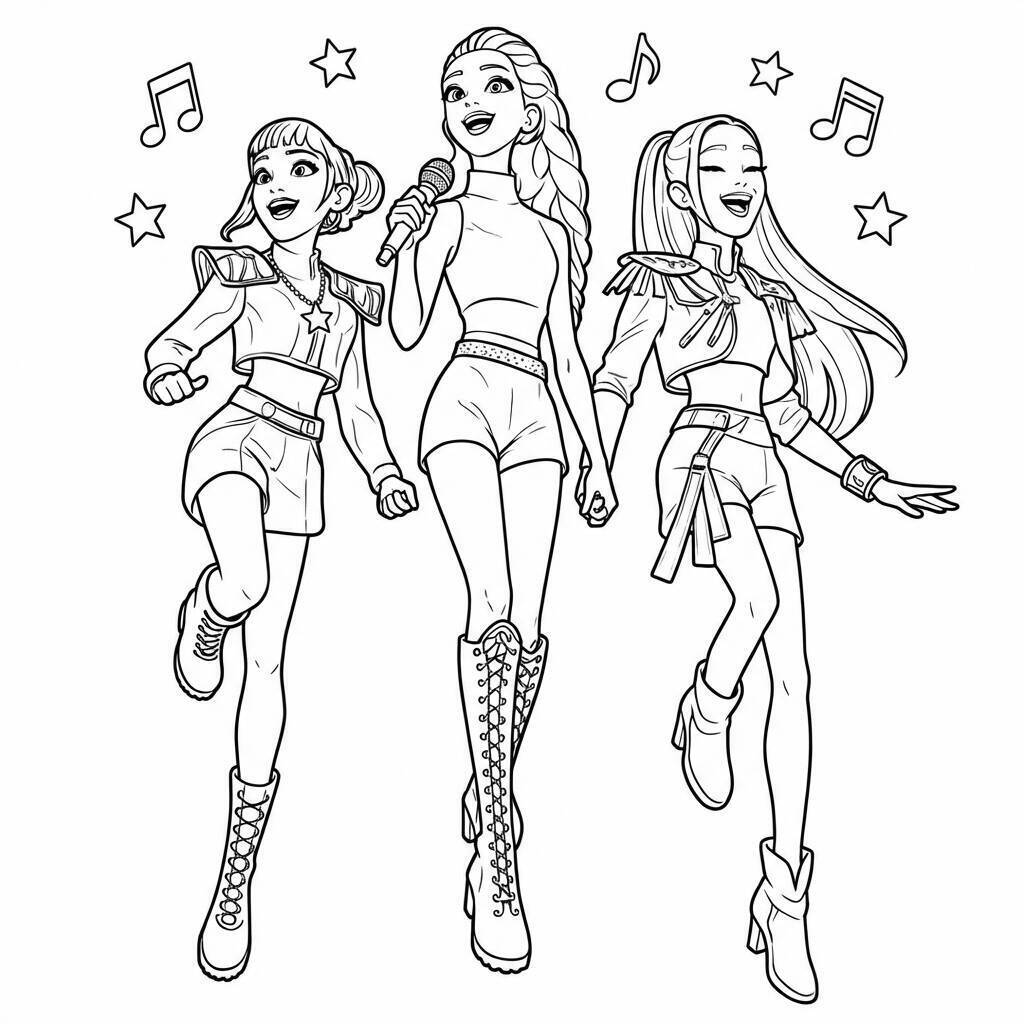 Desenho das Guerreiras do K-Pop em performance animada para colorir