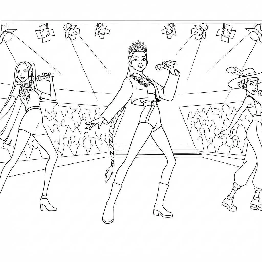 Desenho das Guerreiras do K-Pop em performance emocionante para colorir