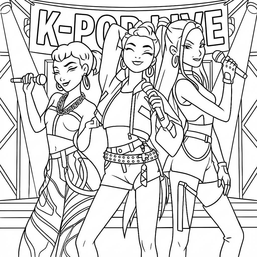 Desenho das Guerreiras do K-Pop em performance vibrante para colorir