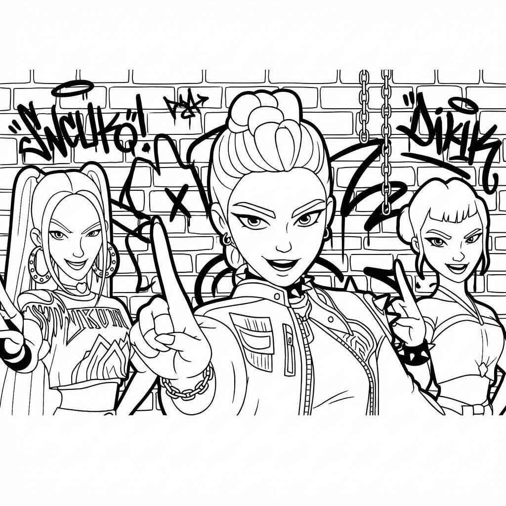 Desenho das Guerreiras do K-Pop em pose de empoderamento para colorir