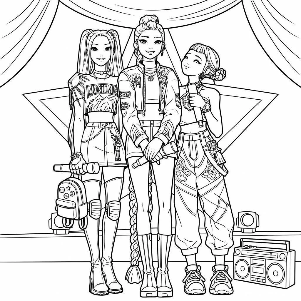 Desenho das Guerreiras do K-Pop em pose de grupo para colorir