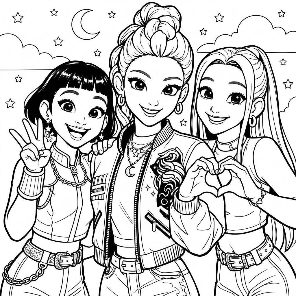 Desenho das Guerreiras do K-Pop em pose divertida para colorir