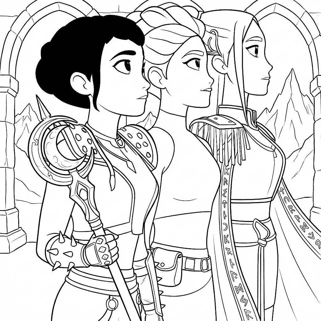 Desenho das Guerreiras do K-Pop em pose heroica para colorir