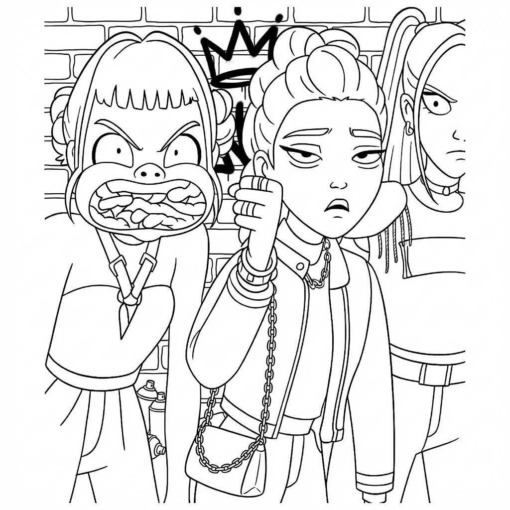 Desenho das Guerreiras do K-Pop em pose ousada para colorir