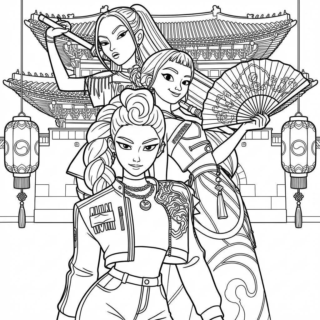 Desenho das Guerreiras do K-Pop em pose poderosa para colorir