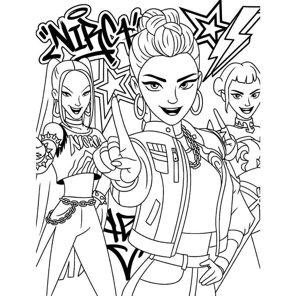 Desenho das Guerreiras do K-Pop em pose poderosa para colorir