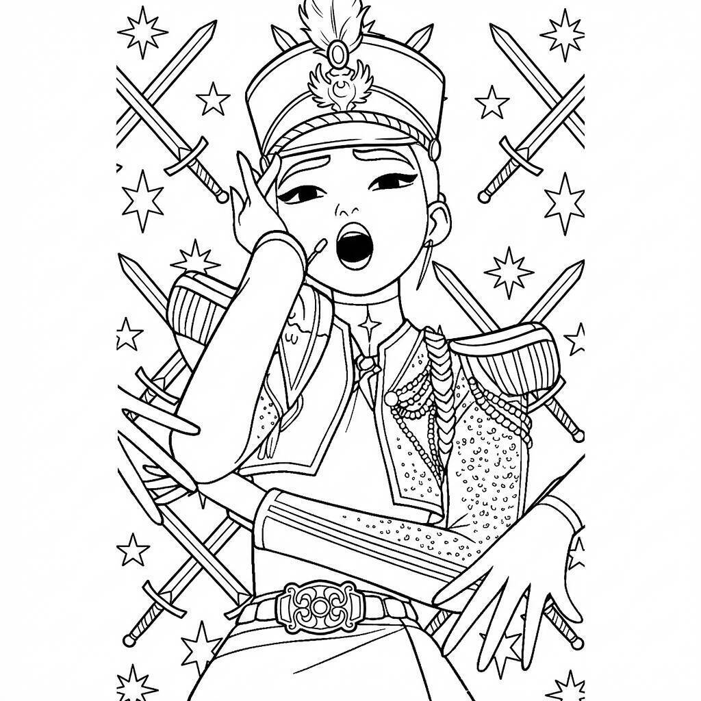 Desenho das Guerreiras do K-Pop em pose poderosa para colorir