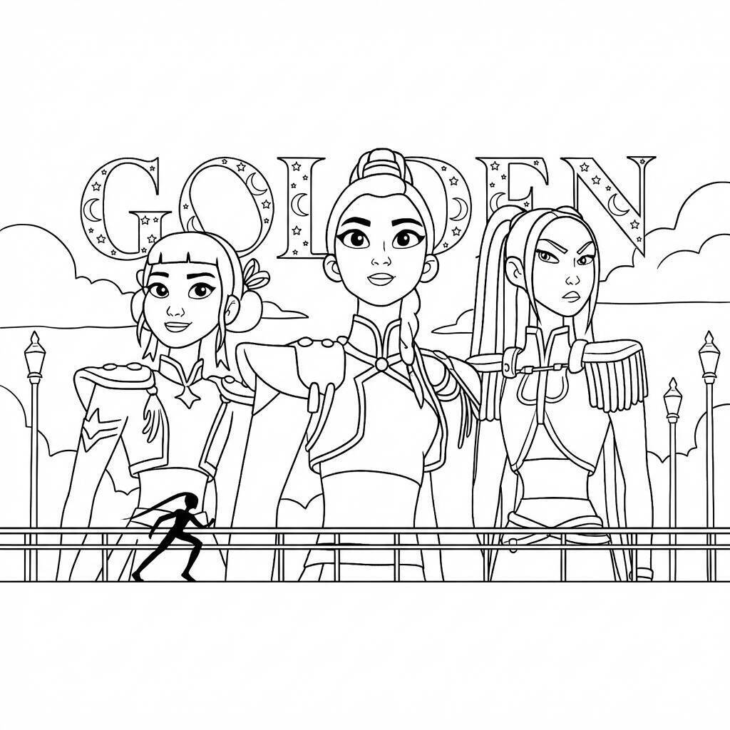 Desenho das Guerreiras do K-Pop em pose poderosa para colorir