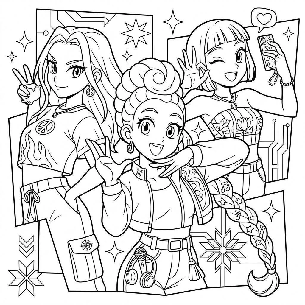 Desenho das Guerreiras do K-Pop para colorir