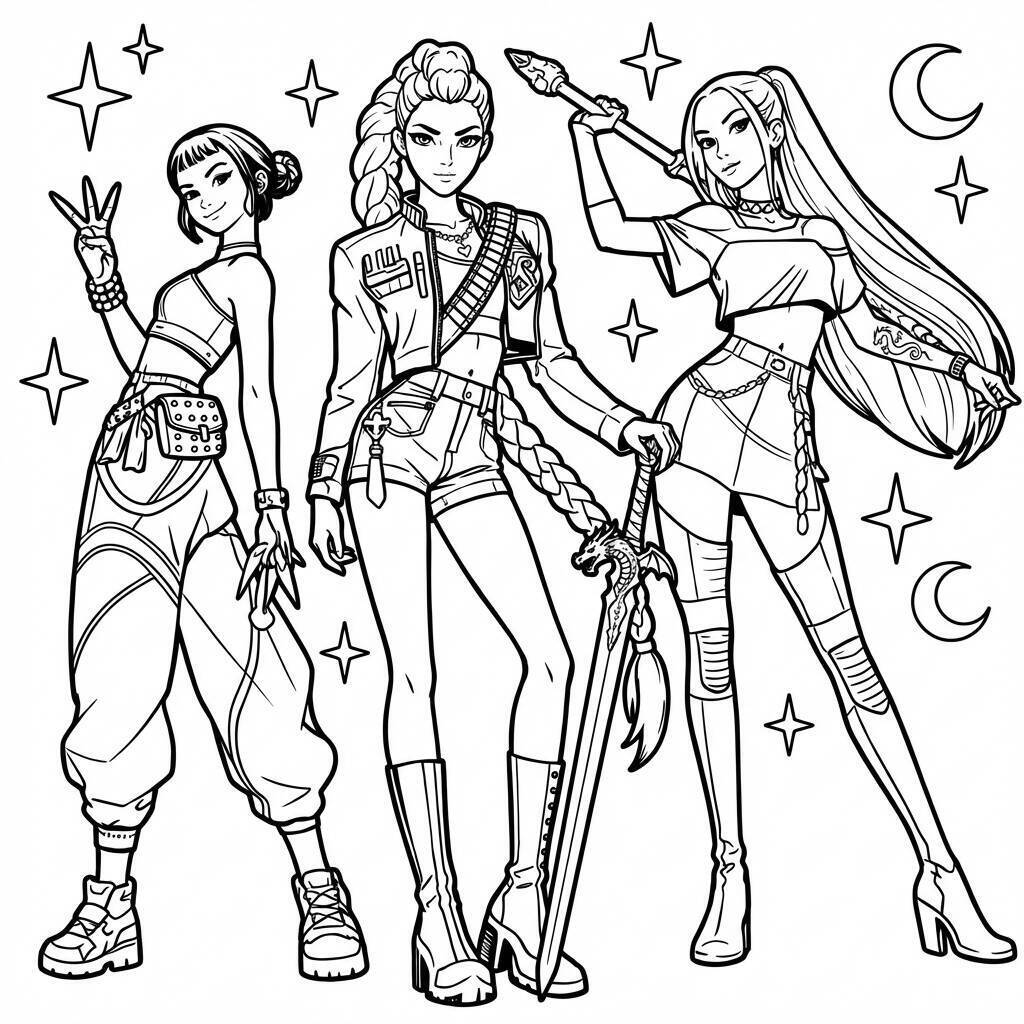Desenho das Guerreiras do K-Pop para colorir