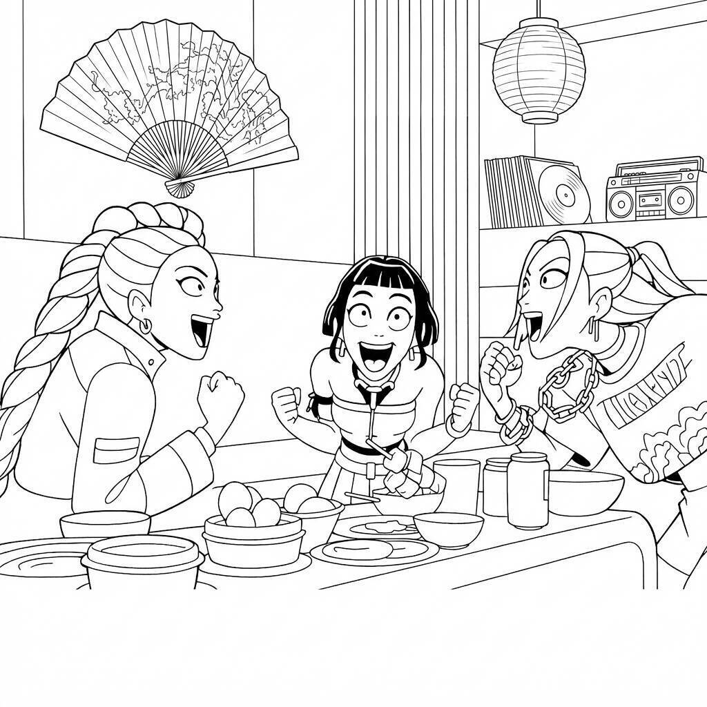 Desenho das Guerreiras do K-Pop se divertindo para colorir