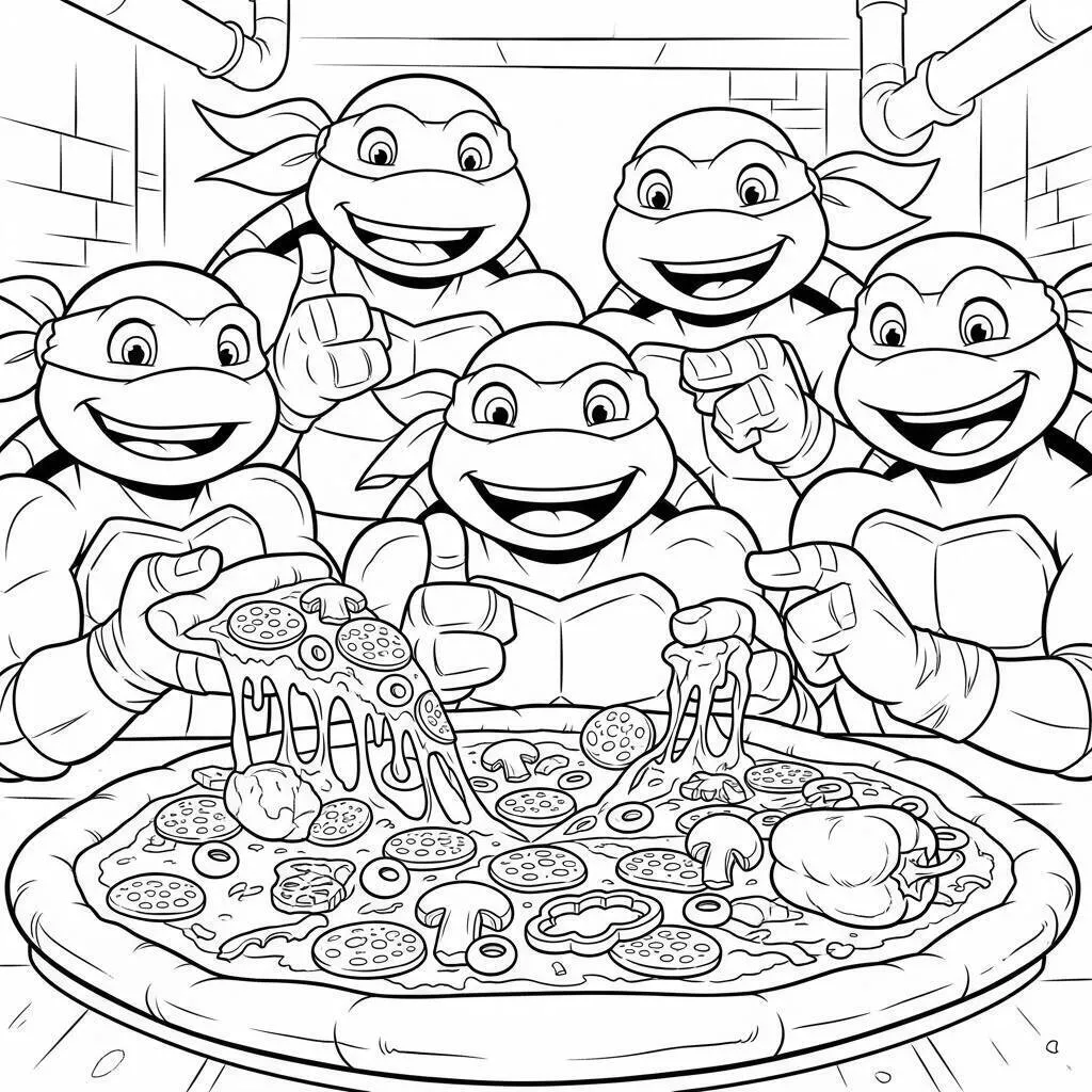 Desenho-das-Tartarugas-Ninja-e-a-Pizza-para-Colorir Coloriage Tortues Ninja et Pizza