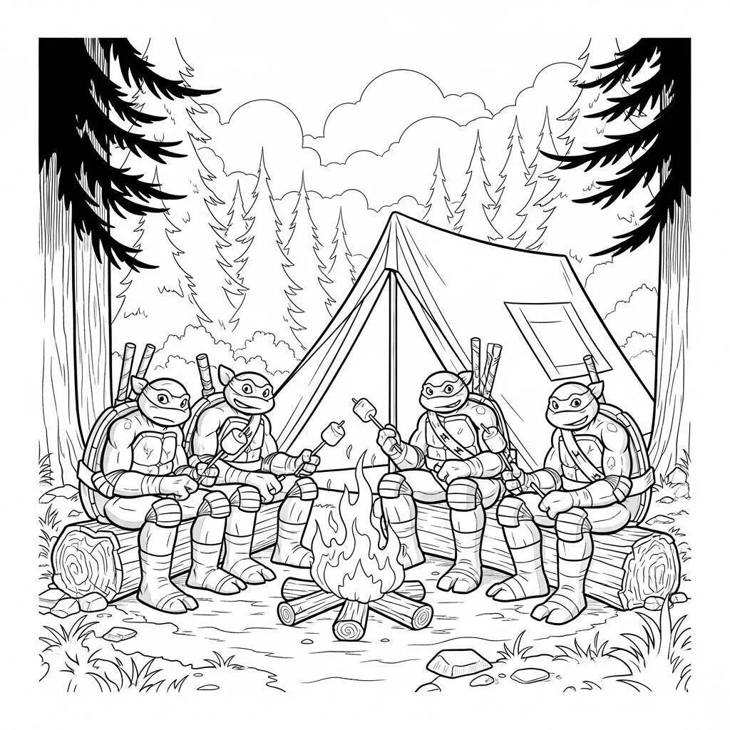 Desenho das Tartarugas Ninja em um Acampamento para Colorir