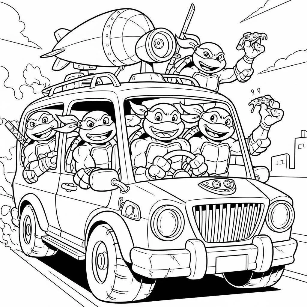 Desenho-das-Tartarugas-Ninja-em-um-Carro-para-Colorir Coloriage Tortues Ninja dans une voiture