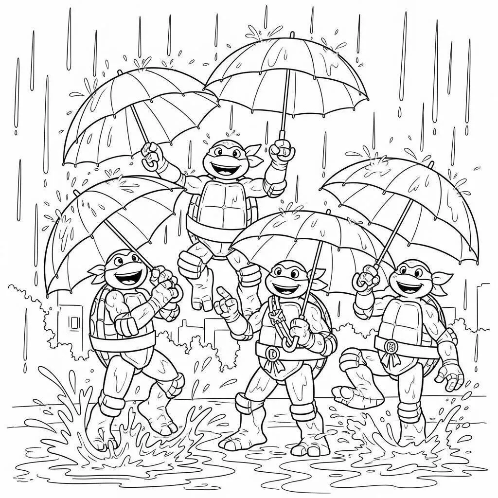 Desenho das Tartarugas Ninja em um Dia de Chuva para Colorir