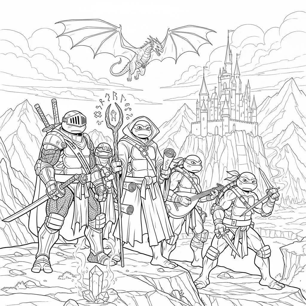 Desenho-das-Tartarugas-Ninja-em-um-Mundo-de-Fantasia-para-Colorir Coloriage Tortues Ninja dans un monde fantastique