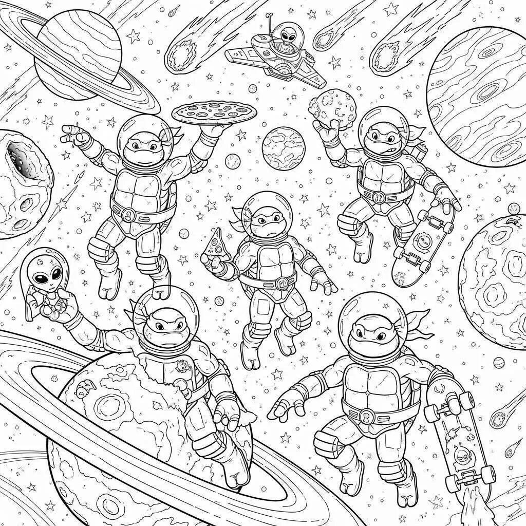 Desenho das Tartarugas Ninja em uma Aventura Espacial para Colorir
