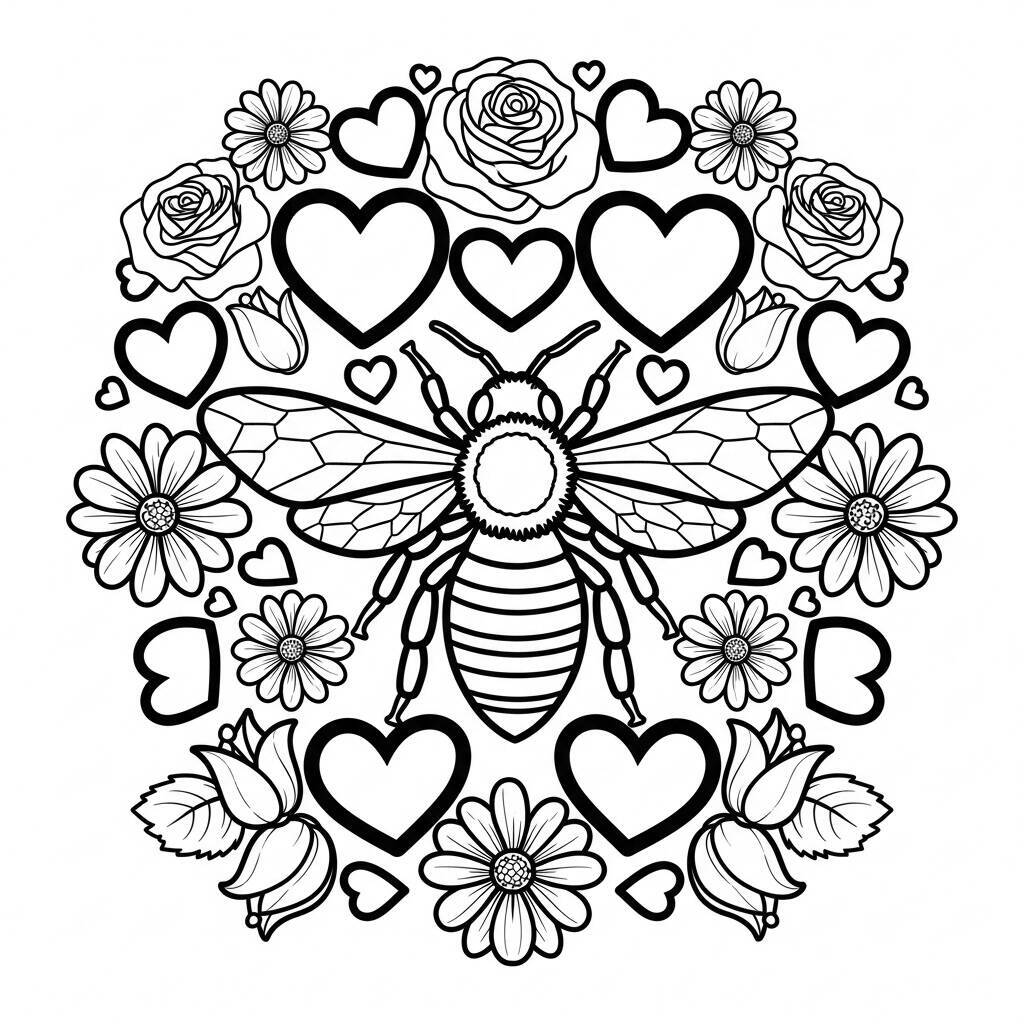 Desenho de Abelha com Flores e Corações para Colorir