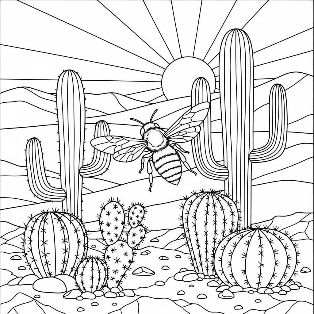 Desenho de Abelha e Cactos para Colorir
