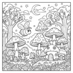 Desenho de Abelha e Cogumelos para Colorir