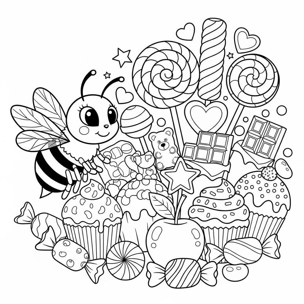 Desenho de Abelha e Doces para Colorir