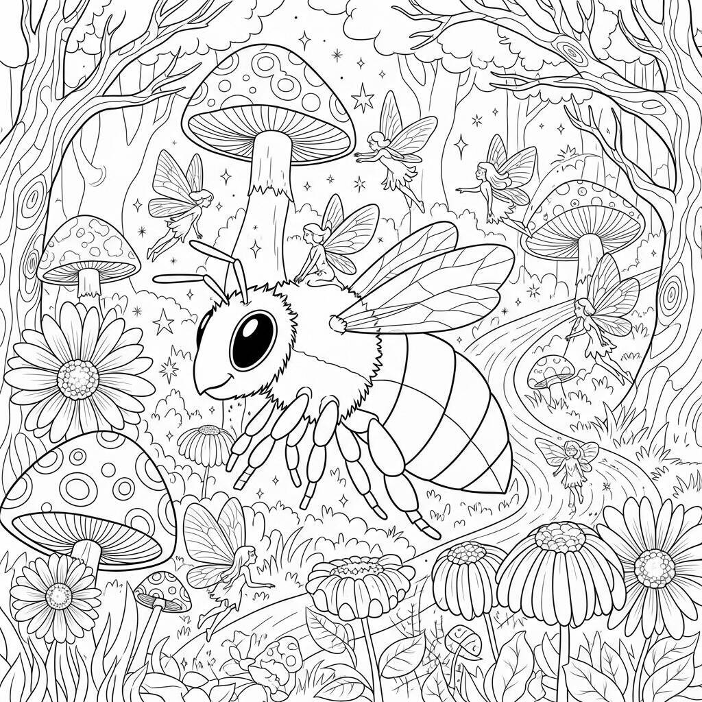 Desenho de Abelha e Fadas para Colorir