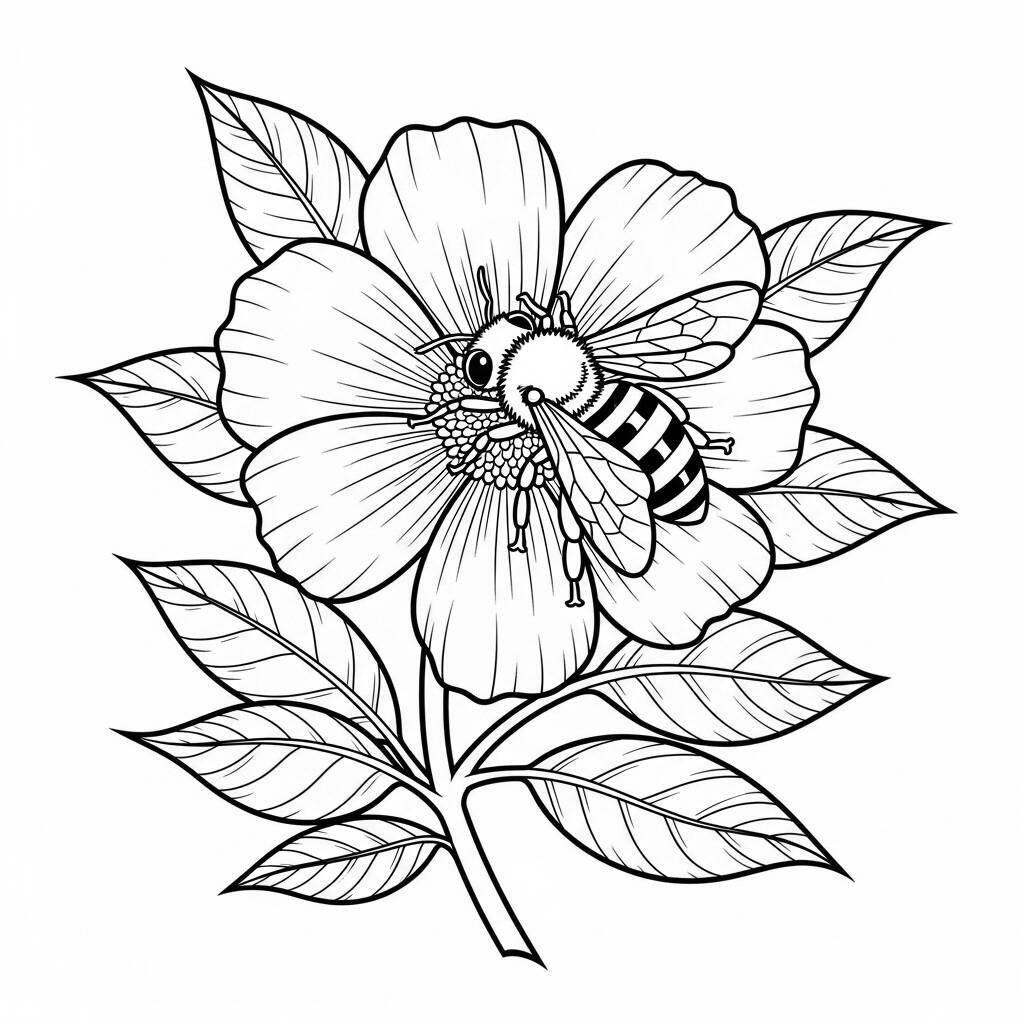 Desenho de Abelha e Flores para Colorir