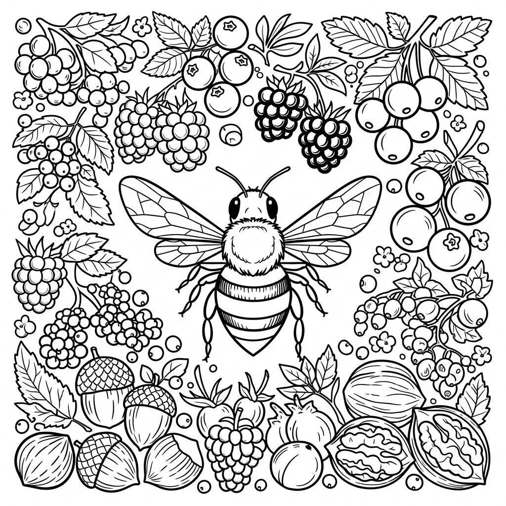 Desenho de Abelha e Frutas do Bosque para Colorir