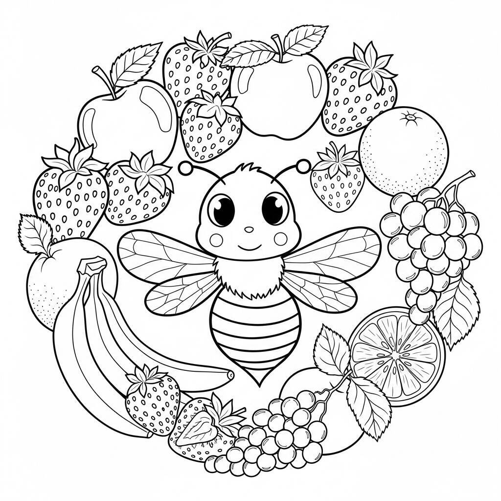Desenho de Abelha e Frutas para Colorir
