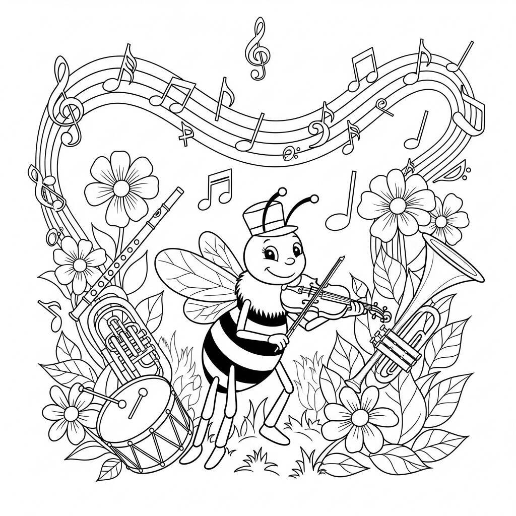 Desenho de Abelha e Música para Colorir