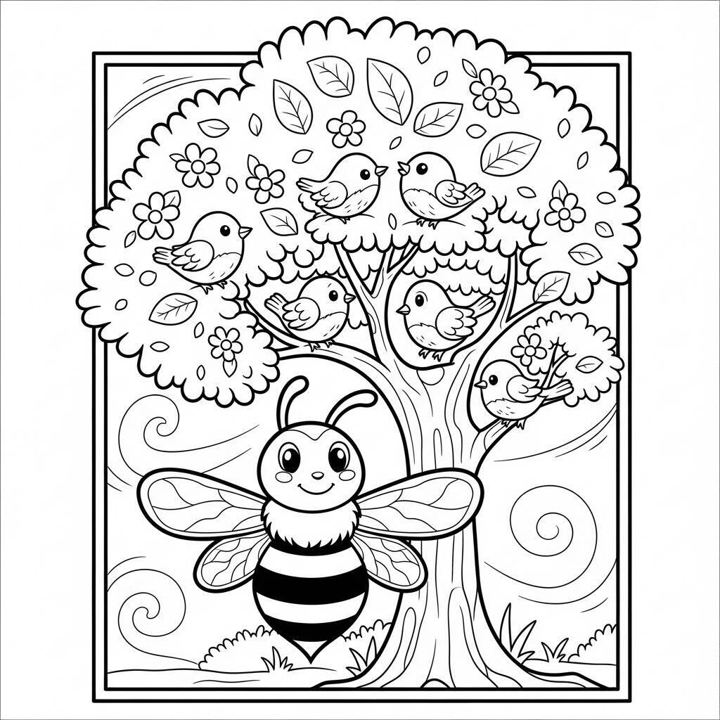 Desenho de Abelha e Pássaros para Colorir