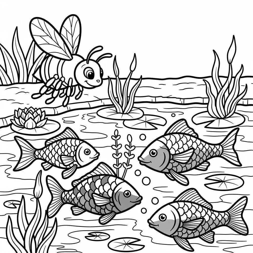 Desenho de Abelha e Peixes para Colorir
