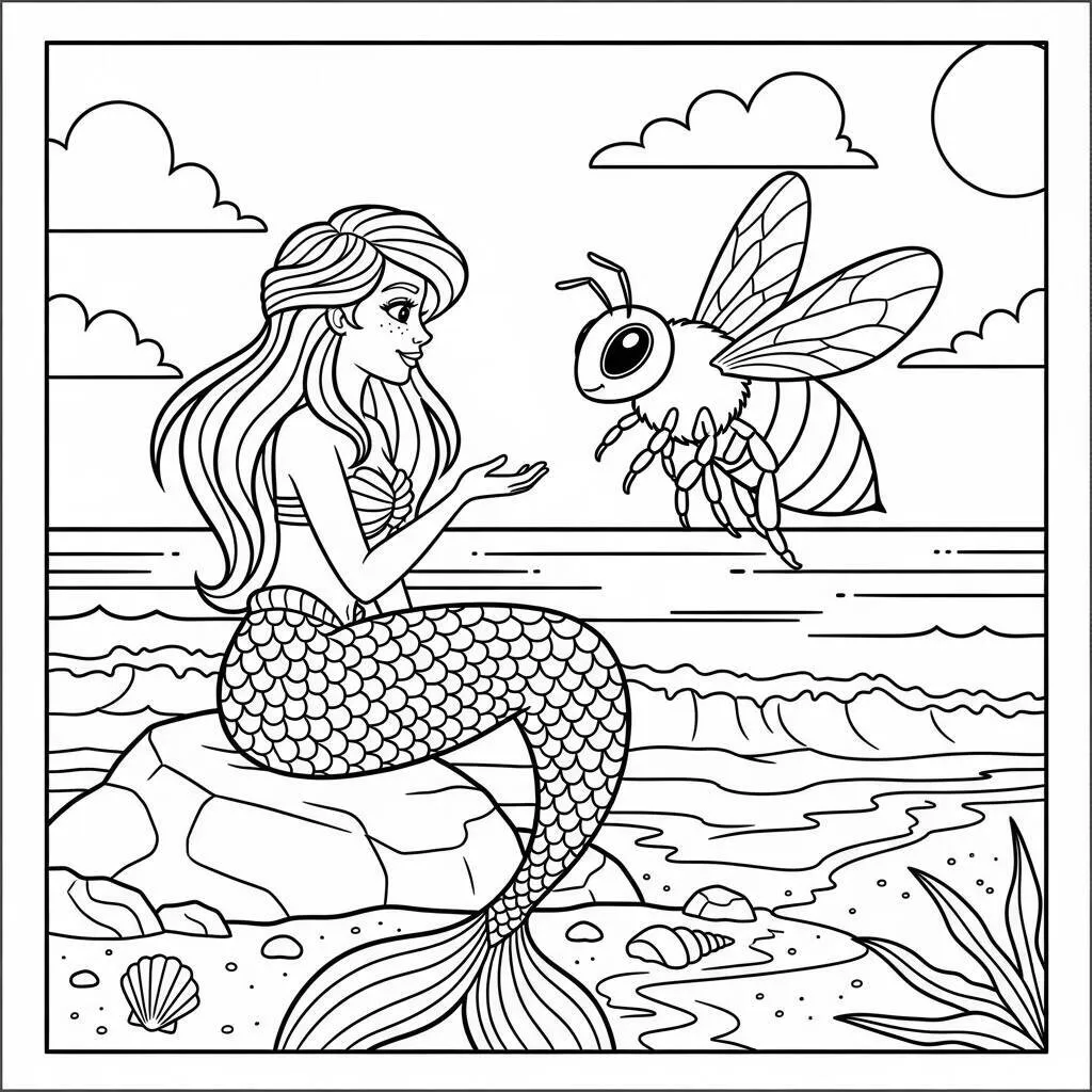 Desenho-de-Abelha-e-Sereia-para-Colorir Desenho de Abelha e Sereia para Colorir